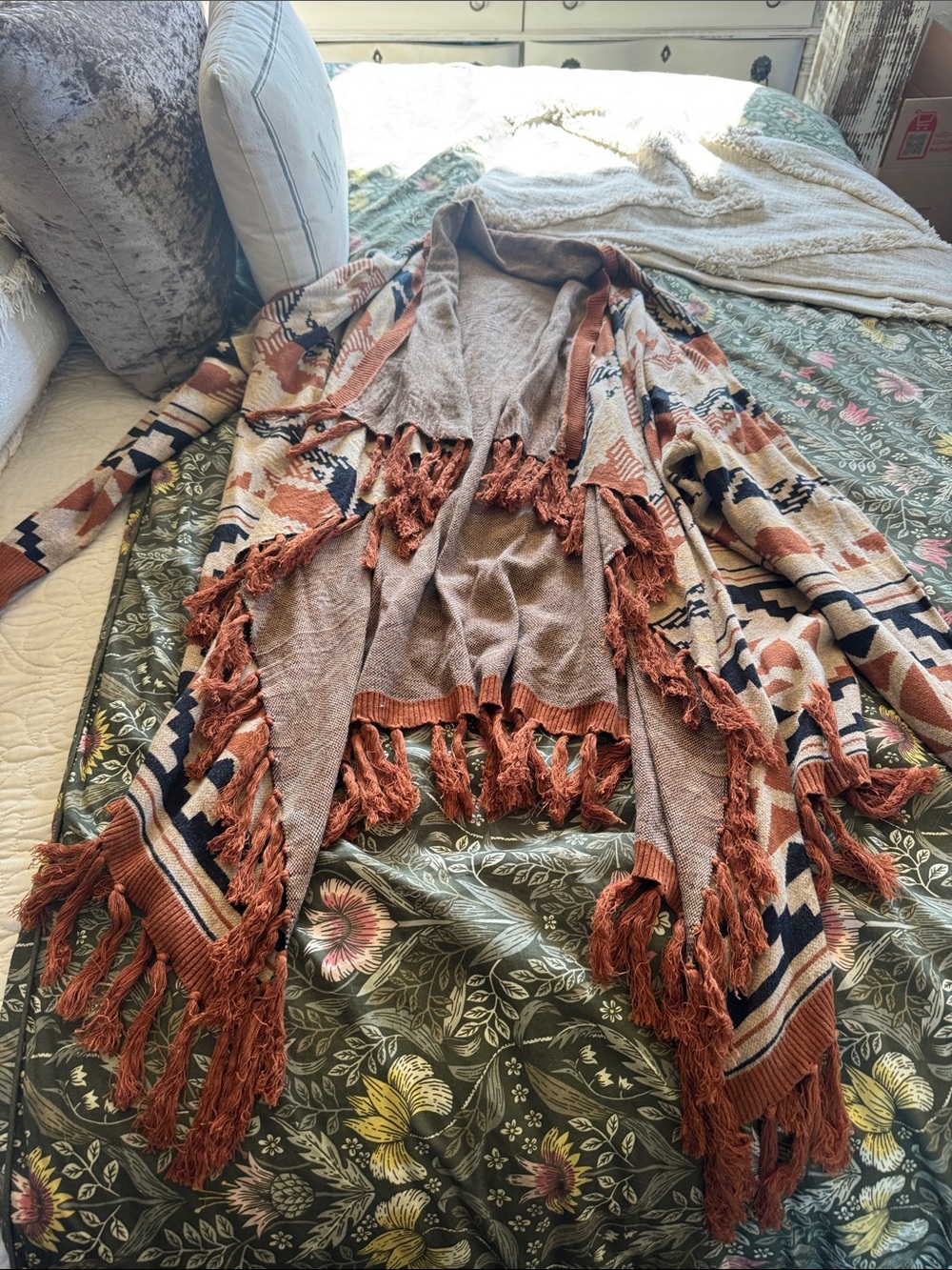 Tasha Polizzi Aztec Fringe Open-Front Cardigan in Rust, Cream, and Navy